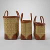 Luxury Woven Reed Market Basket Leather Trim Tote Bag
