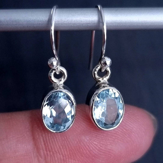 Small Oval Blue Topaz 925 Silver Dangle Earrings