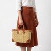 Luxury Woven Reed Market Basket Leather Trim Tote Bag