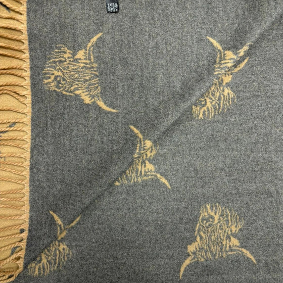 Highland Cow Print Cashmere Blend Scarf/Wrap - Camel/Grey