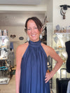 Silk & Viscose Halter Neck Dress - NAVY