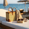 Luxury Woven Reed Market Basket Leather Trim Tote Bag