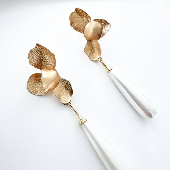 Gold Folded Flower & Long Elegant Pearl Earrings