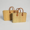 Reed Market Basket Leather Handles - Natural Woven Tote Bag