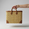 Luxury Woven Reed Market Basket Leather Trim Tote Bag