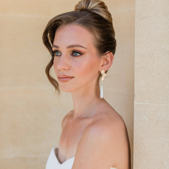 Gold Folded Flower & Long Elegant Pearl Earrings