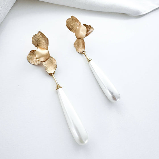 Gold Folded Flower & Long Elegant Pearl Earrings