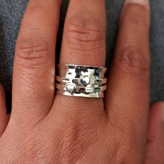 Wide Silver Hearts Sterling Silver Spinner Ring, SP05S