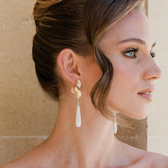 Gold Folded Flower & Long Elegant Pearl Earrings