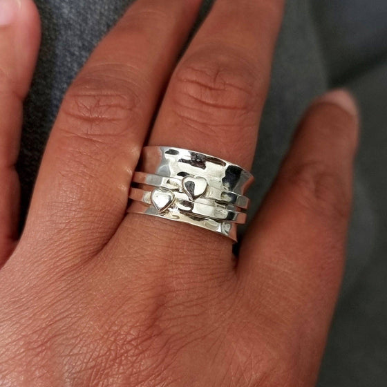Wide Silver Hearts Sterling Silver Spinner Ring, SP05S