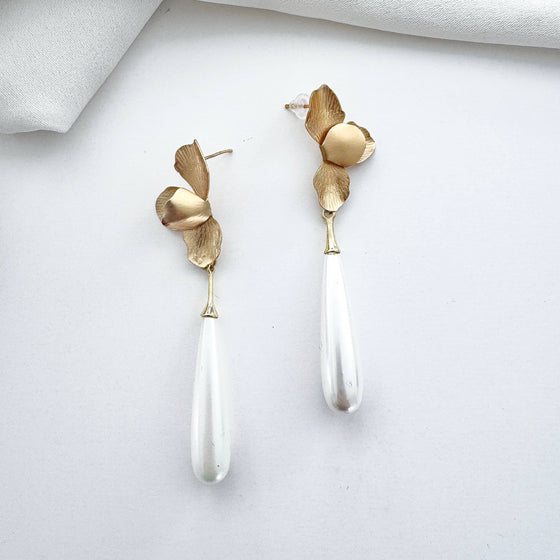 Gold Folded Flower & Long Elegant Pearl Earrings