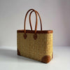 Luxury Woven Reed Market Basket Leather Trim Tote Bag