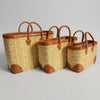 Luxury Woven Reed Market Basket Leather Trim Tote Bag