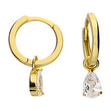  14ct Gold Plate plain hinged hoop with a white cubic zirconia teardrop charm