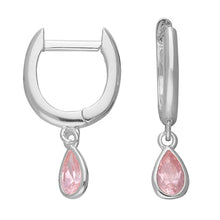  Sterling Silver Horseshoe huggie hoop with a flat Pink glass teardrop charm