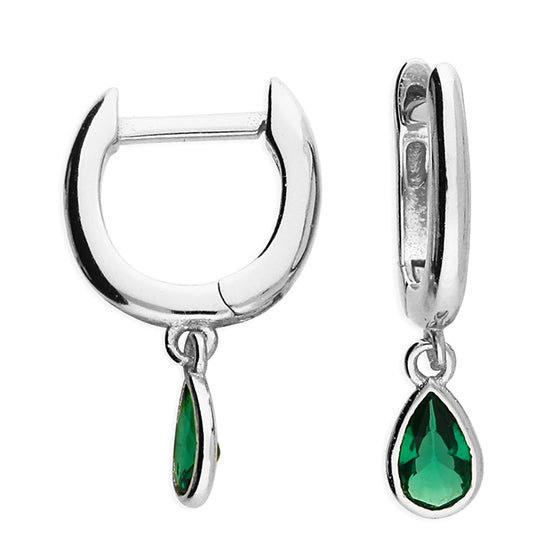 Sterling Silver Horseshoe huggie hoop with a flat emerald glass teardrop charm