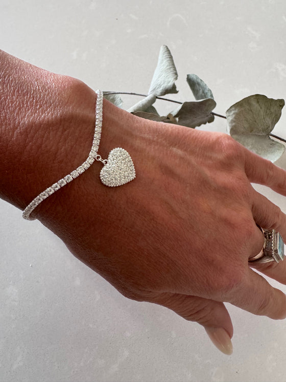 Sterling Silver Tennis Bracelet with CZ Heart Charm