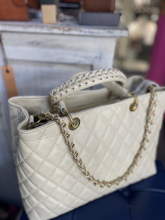 Italian Leather Quilted Hand Bag - Cream