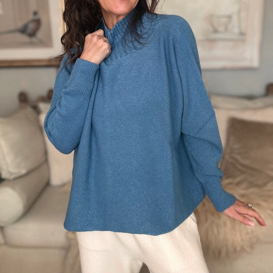 Ribbed Neck Viscose Blend Jumper - Airforce Blue