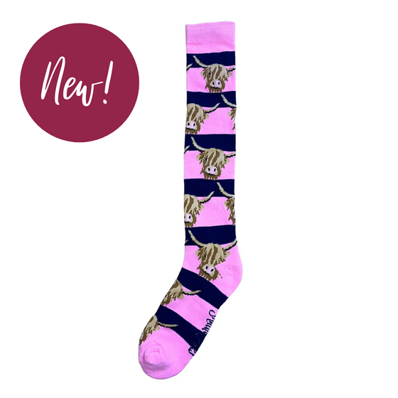 Pink & Navy Long Highland Cow Welly Socks