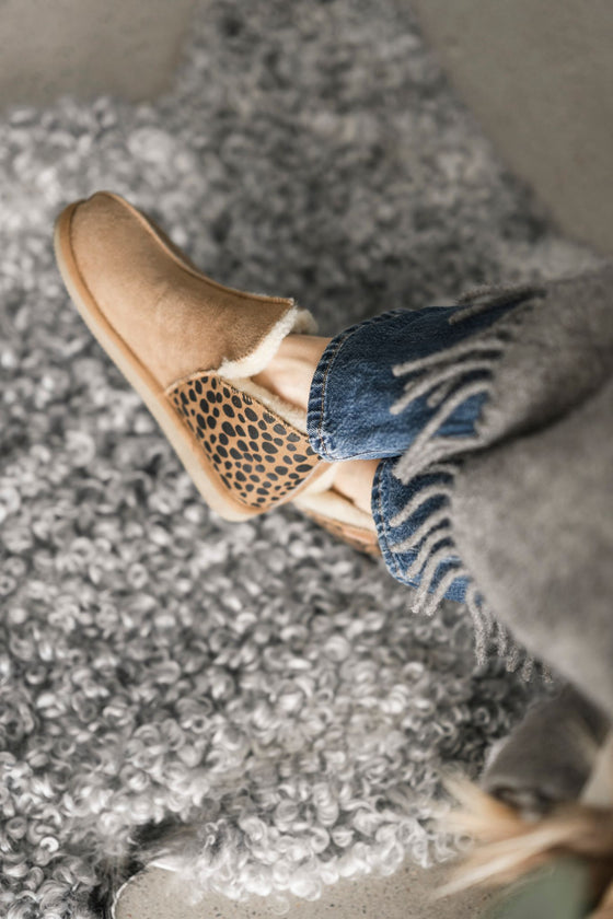 Annie Sheepskin Slippers with Leopard Print