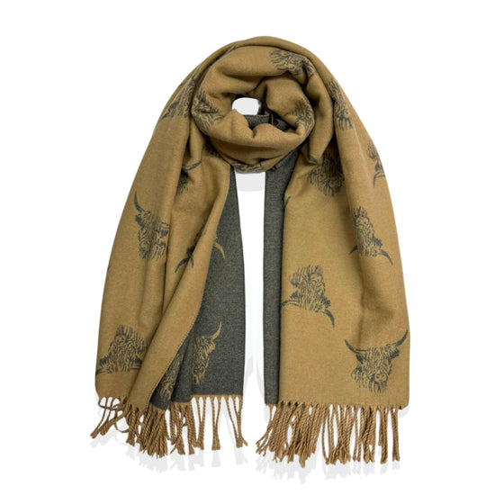 Highland Cow Print Cashmere Blend Scarf/Wrap - Camel/Grey