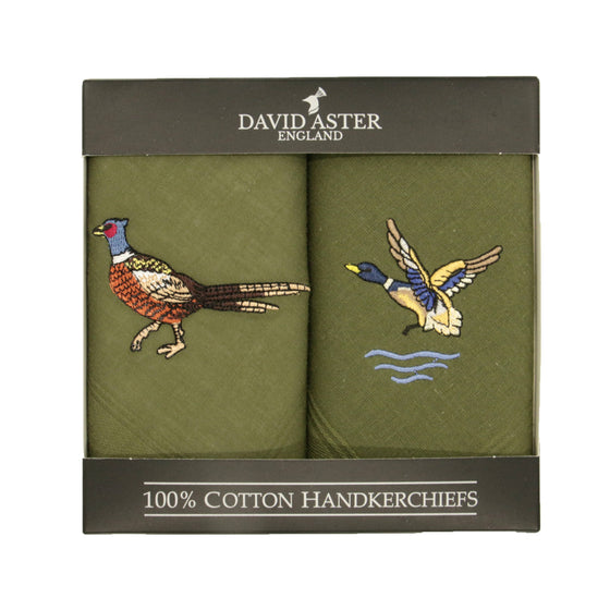 Pheasant & Duck Embroidered Green Handkerchief