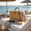 Reed Market Basket Leather Handles - Natural Woven Tote Bag