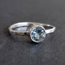  Solitaire 6mm Round Blue Topaz Ring | Hammered 925 Silver