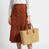 Reed Market Basket Leather Handles - Natural Woven Tote Bag