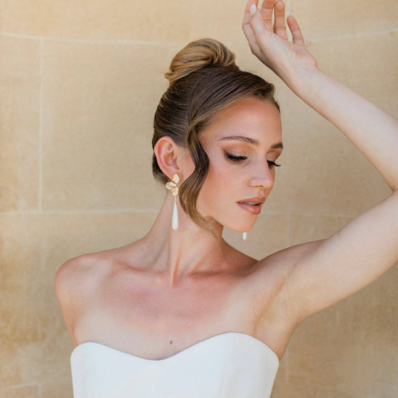 Gold Folded Flower & Long Elegant Pearl Earrings
