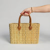 Reed Market Basket Leather Handles - Natural Woven Tote Bag