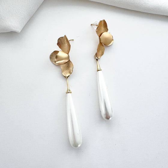 Gold Folded Flower & Long Elegant Pearl Earrings