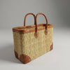 Luxury Woven Reed Market Basket Leather Trim Tote Bag