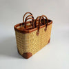 Luxury Woven Reed Market Basket Leather Trim Tote Bag