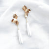 Gold Folded Flower & Long Elegant Pearl Earrings