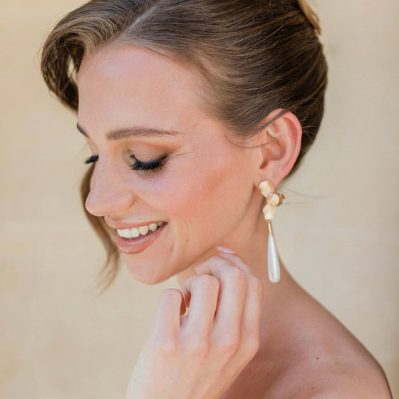 Gold Folded Flower & Long Elegant Pearl Earrings