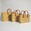 Reed Market Basket Leather Handles - Natural Woven Tote Bag