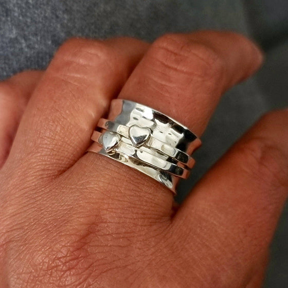 Wide Silver Hearts Sterling Silver Spinner Ring, SP05S