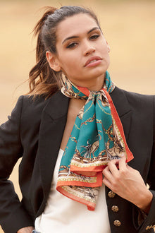  Rearing To Go Teal & Rust  Silk Scarf - Narrow