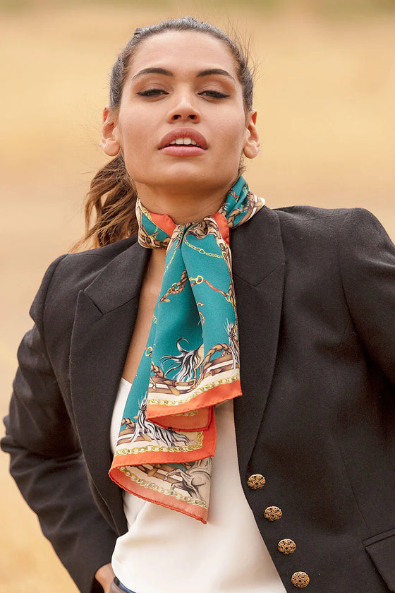 Rearing To Go Teal & Rust  Silk Scarf - Narrow