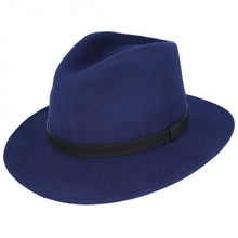  Wool Fedora Hat with Black Leather Band- Navy Blue