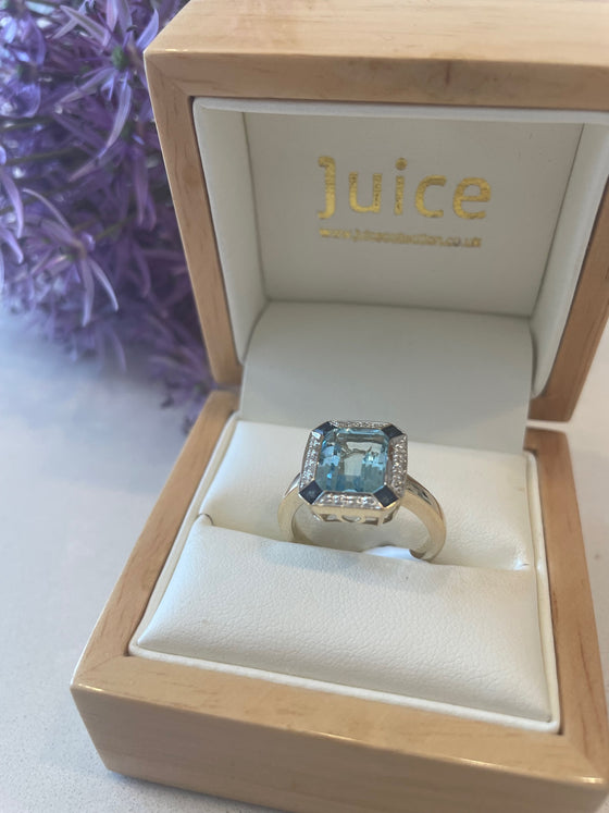 Blue Topaz, Sapphire & Diamond 9ct Yellow Gold Ring