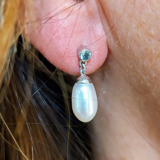 Aquamarine Gemstone & Pearl Drop 9ct White Gold Earrings