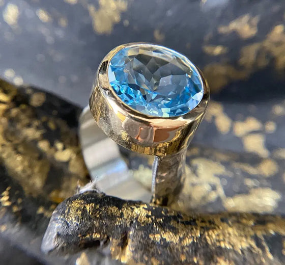Large Blue Topaz Gold & Silver Ring