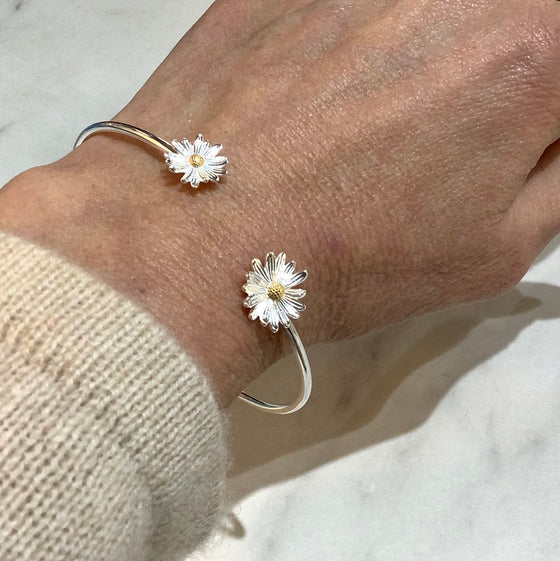 Double Daisy Sterling Silver Bangle