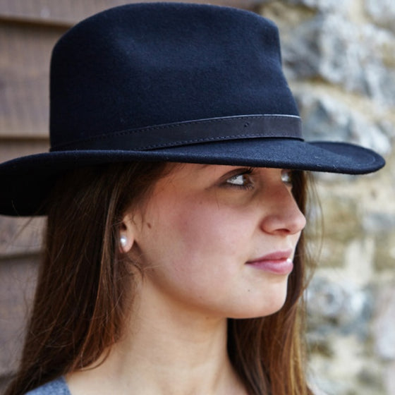 Wool Fedora Hat with Black Leather Band- Navy Blue