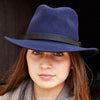 Wool Fedora Hat with Black Leather Band- Navy Blue